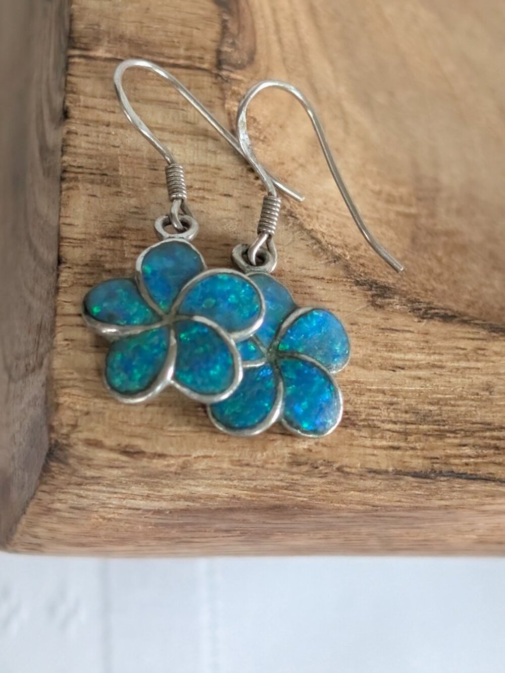 Vintage Sterling Silver Blue Opal Plumeria Earrings: Hawaiian Flower Dangles